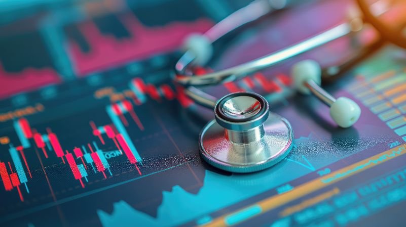 An AI generated close-up image of a stethoscope laying on a an image that includes generic investment-type graphs.