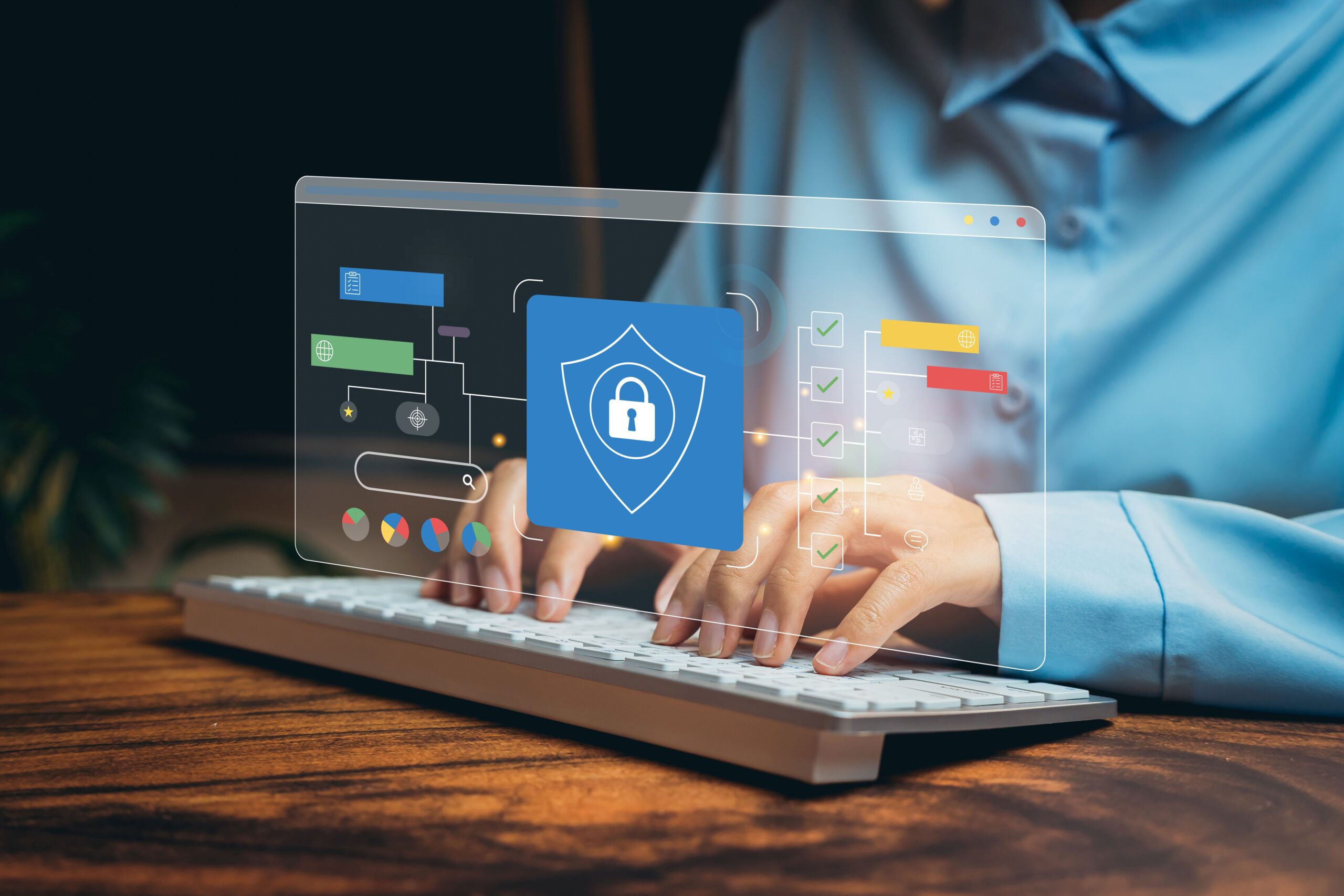 White hands below a blue full sleeve shirt are typing on a Keyboard on a dark wooden desk, with an AI generated Cybersecurity Interface Representing Digital Protection and Data Security Concepts.