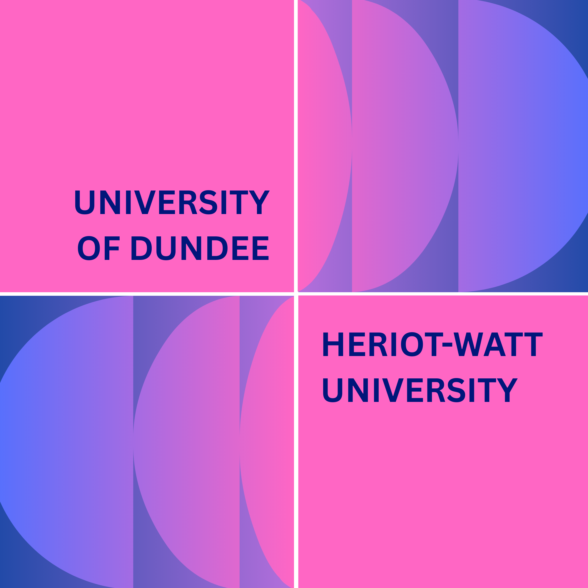 A pink and purple square image with colour gradient semi circle shapes, listing University of Dundee and Heriot-Watt University