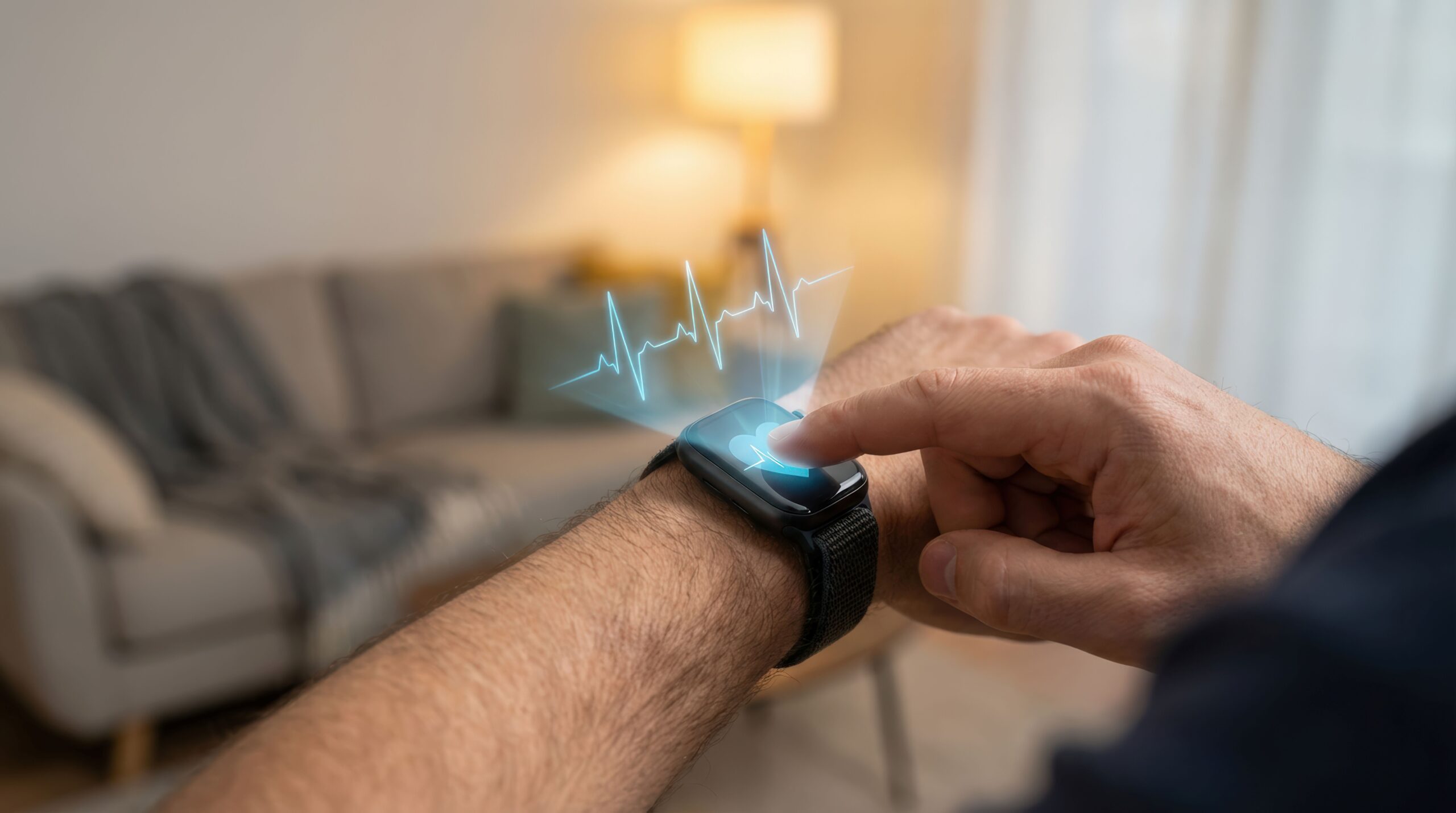An AI-generated image of a close up of a white male pressing a smart watch screen, with a superimposed image of an ECG readout hologram. The man stands in a living room, with the blurred background including a grey sofa, blanket, coffee table and yellow floor lamp