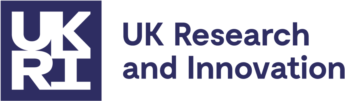 Logo for UK Research & Innovation. On the left, a dark blue filled square contains white block letters UKRI, on the right, blue font reads UK Research and Innovation
